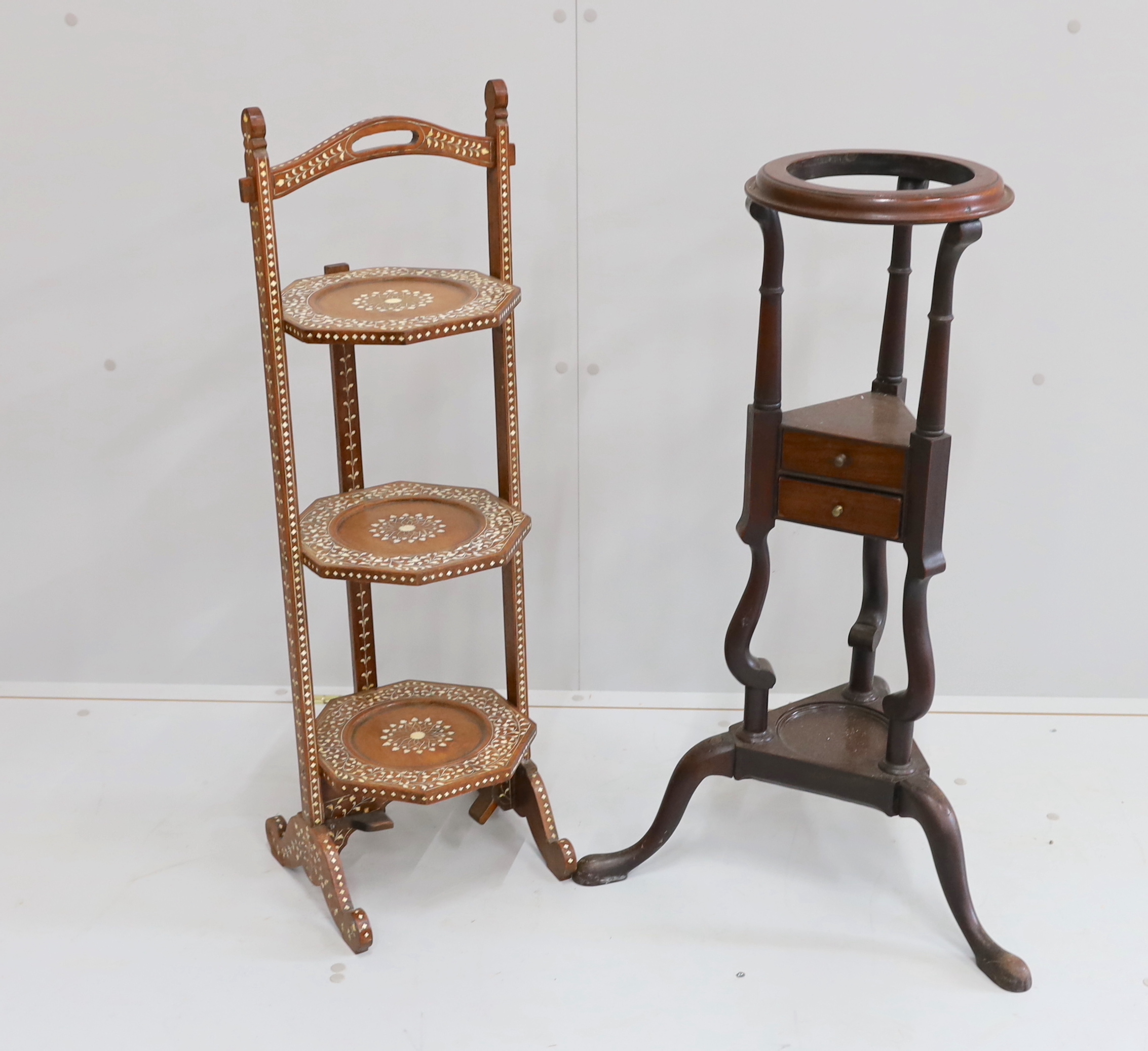 A George III style mahogany wash stand, together with an Indian bone inlaid three tier folding cake stand